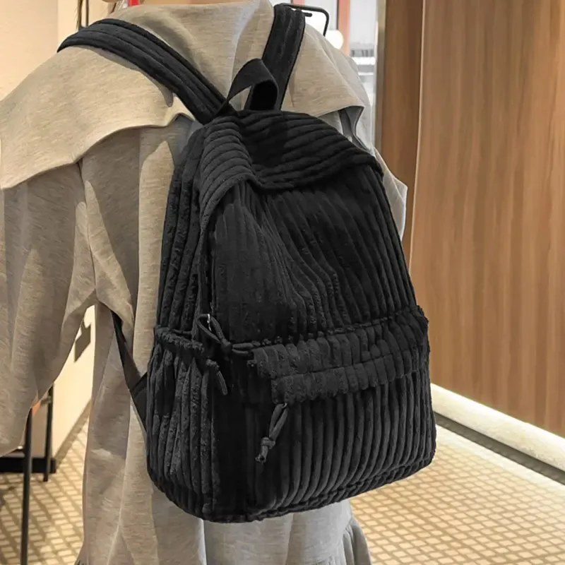 sac à dos rayé en velours côtelé pour femmes, cartable d'étudiant simple, grande capacité, rangement sur ordinateur, sac à dos de voyage pour femmes