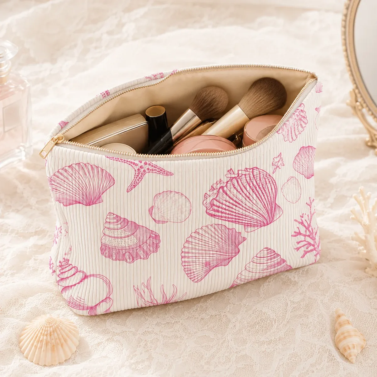 trousse de maquillage femme en velours côtelé rose imprimé coquillage grande capacité avec fermeture éclair pour voyage, plage et articles de toilette