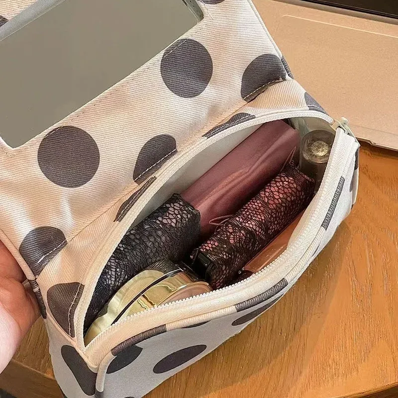 sac de maquillage vintage à imprimé points, design pliable avec miroir, étui de rangement cosmétique multifonctionnel pour voyage, pochette pratique quotidienne pour femmes