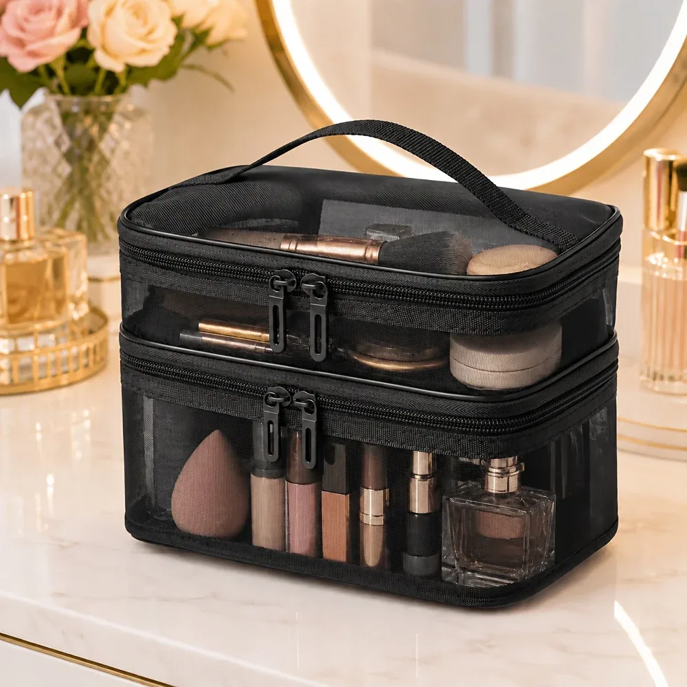 sac de rangement pour articles de toilette transparent à double couche et grande capacité, organisateur de cosmétiques portable avec compartiments