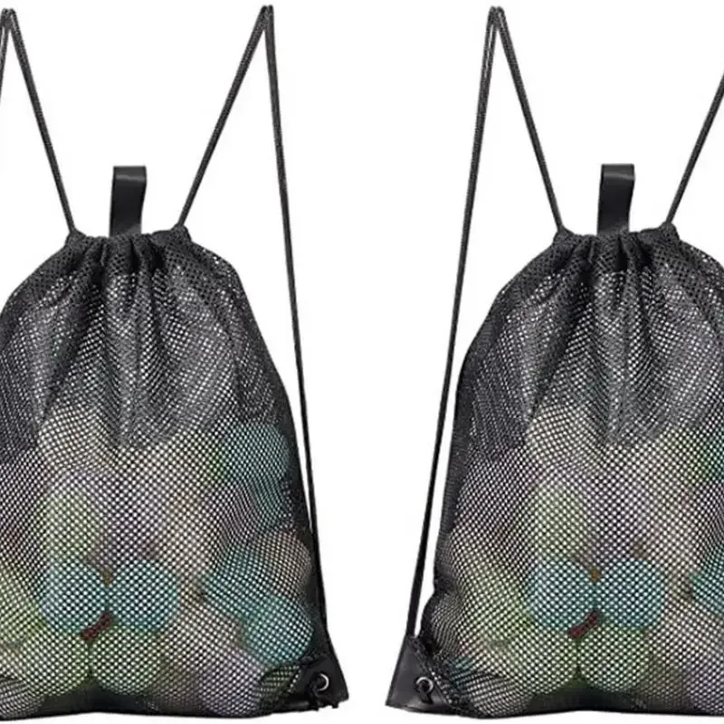 sac à dos en maille avec cordon de serrage, sacs en maille noirs, sac en filet robuste pour ballon de football, sac pour équipement de sport, plage et natation.