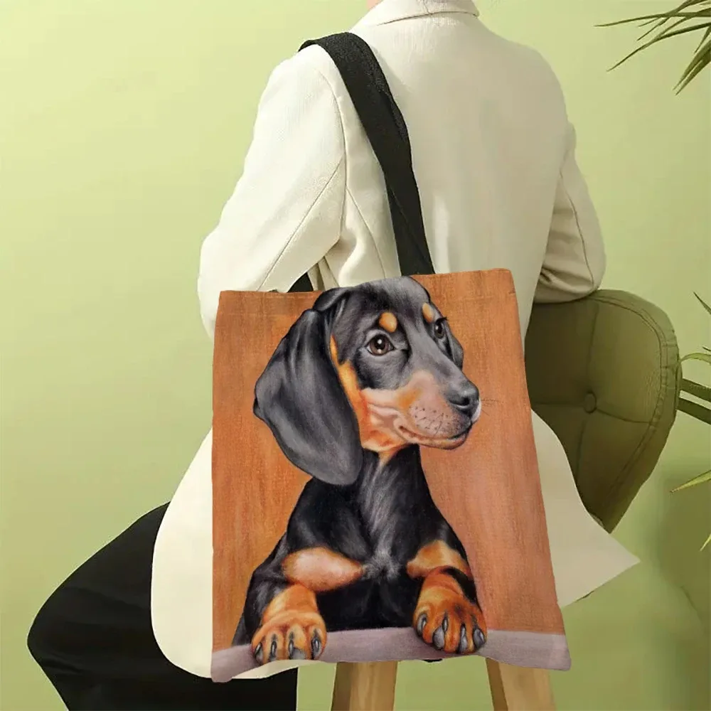 1pc dessin animé teckel fourre-tout sacs polyester tissu sac à main mignon chien sac femmes sac à bandoulière chien amoureux cadeaux 30x35 cm