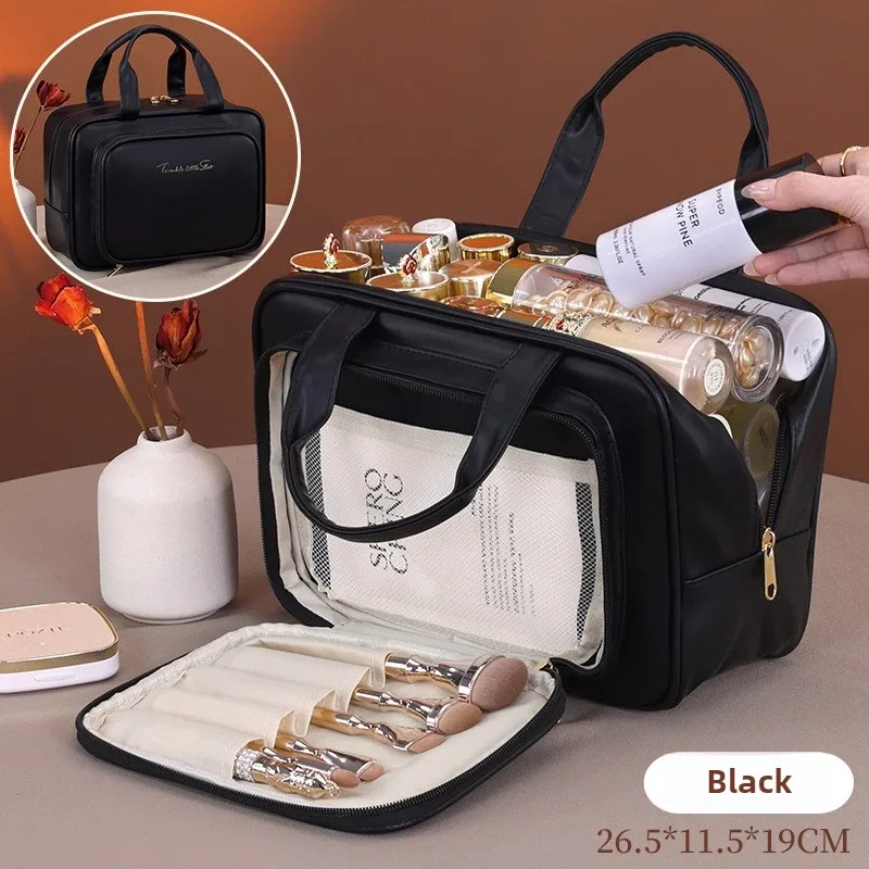 nouveau sac à cosmétiques en cuir pu pour femmes, sac de rangement portable multifonctionnel pour maquillage, sac de rangement de toilette de voyage de grande capacité