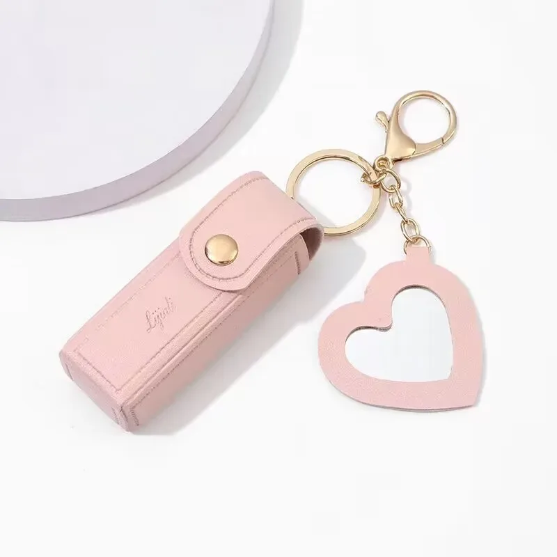 sac en cuir portable pour rouge à lèvres, poudre de maquillage, baume jules, porte-clés, housse de protection avec miroir
