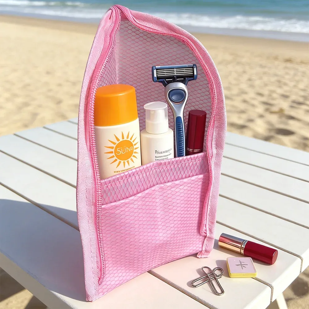 sac de maquillage de voyage pliable avec porte-brosse à dents - organisateur cosmétique imperméable de grande capacité, pochette de rangement en maille suspendue