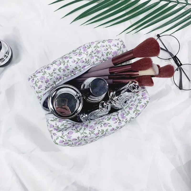 1pc fleur imprimé gonflé matelassé fermeture éclair maquillage sac organisateur de rangement toilette sac à main pochette cosmétique grand voyage sac cosmétique
