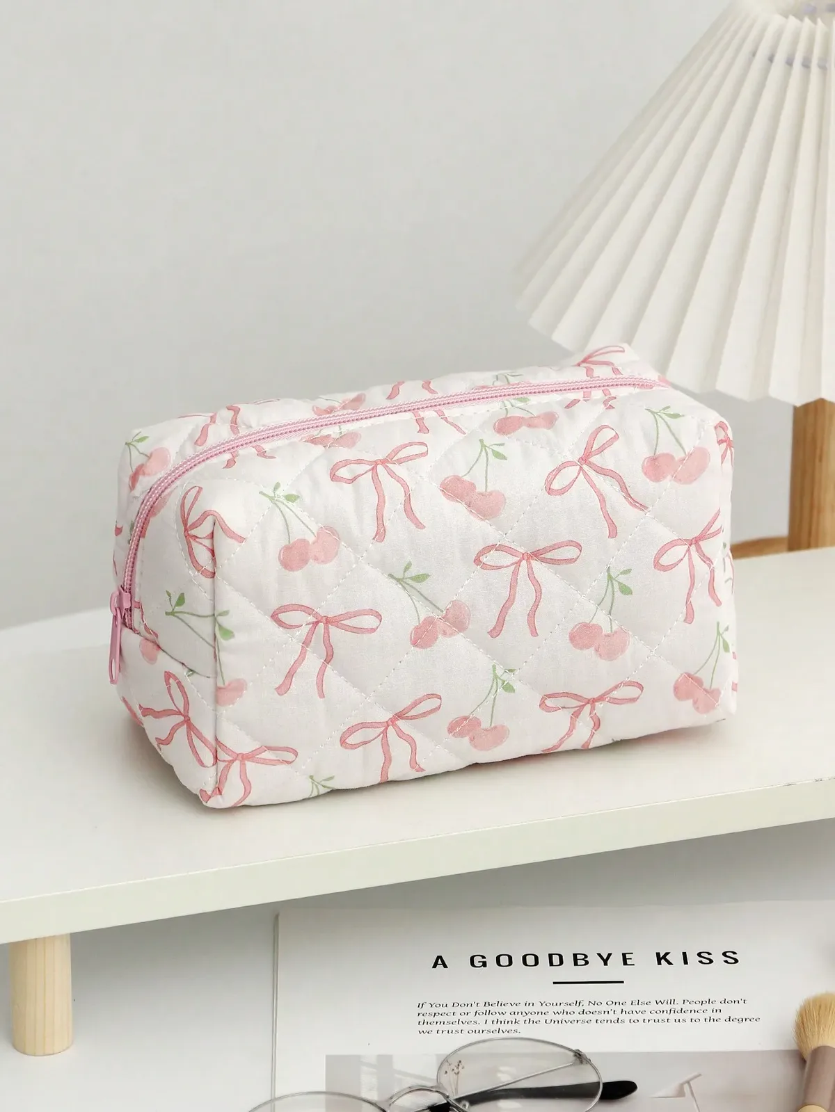 trousse de maquillage avec nœud cerise 1 pièce, trousse de maquillage à la mode et mignonne, sac octogonal de rangement pour pinceaux de maquillage, trousse de maquillage cadeau