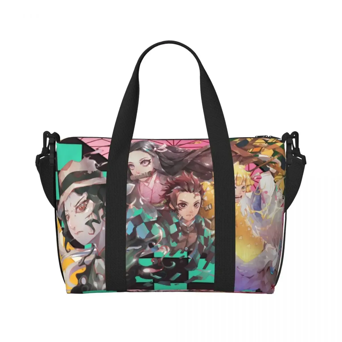 sac fourre-tout de plage personnalisé demons slayers anime manga pour femmes, tanjiro kamado nezuko, grand compartiment, sacs de voyage de plage de gym