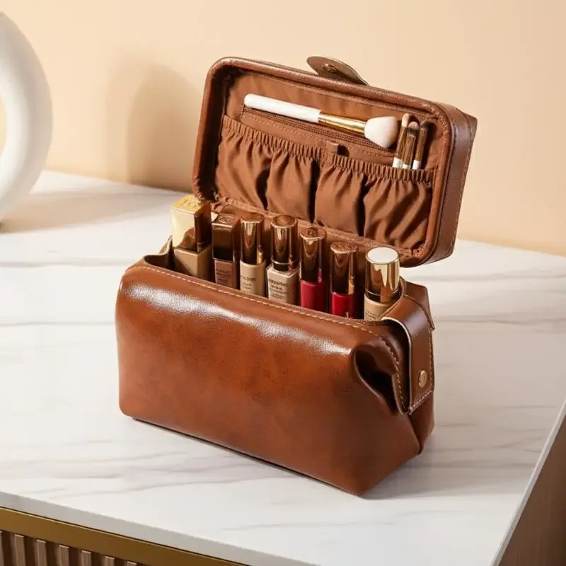 porte-monnaie à boutons de couleur unie pour filles, sac à cosmétiques en cuir pu vintage à la mode pour femmes, trousse de maquillage de grande capacité, étanche, 1 pièce