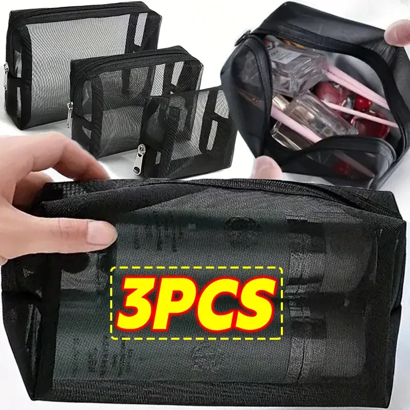 Sac à cosmétiques en maille pour femmes, sac de rangement de voyage, organisateur de maquillage, pochette de maquillage portable, petite et grande trousse de toilette, étui de beauté
