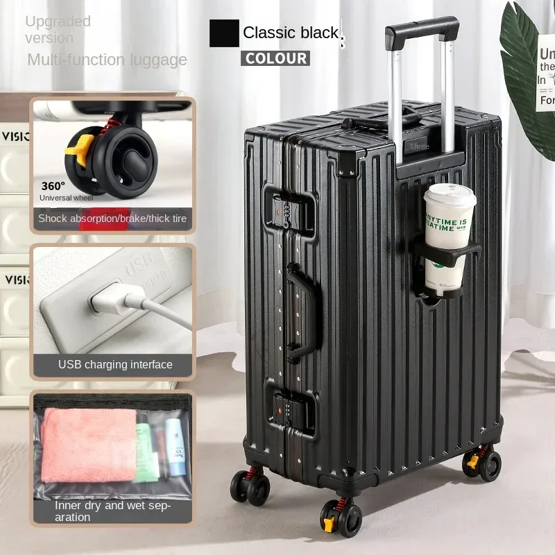 valise de voyage multifonction avec frein à roue, chargement usb, cadre en aluminium, pour hommes et femmes, bagage cabine
