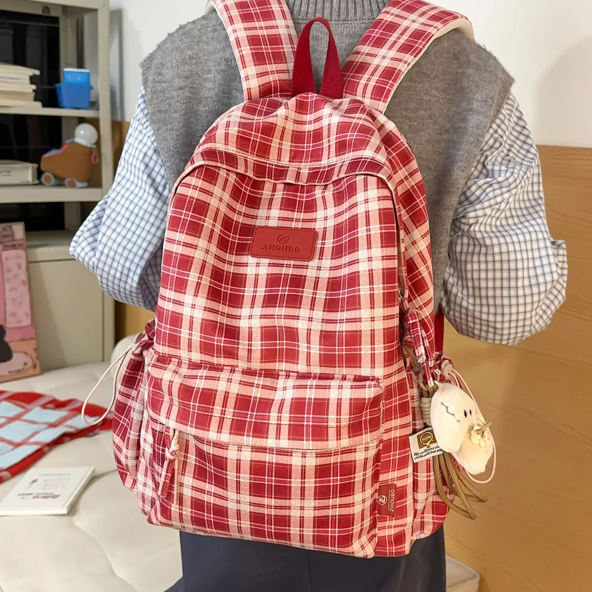 sac à dos rétro britannique à carreaux grande capacité pour filles, lycéennes, étudiantes, sac à bandoulière en nylon pour femmes