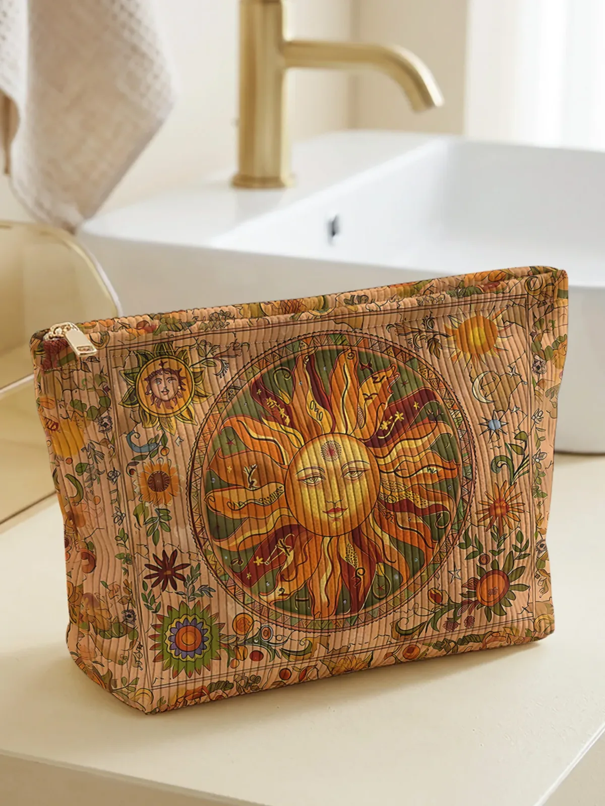 Pochette à maquillage vintage bohème en velours côtelé imprimé soleil et fleurs, pochette légère à fermeture éclair, trousse de toilette multifonctionnelle doublée