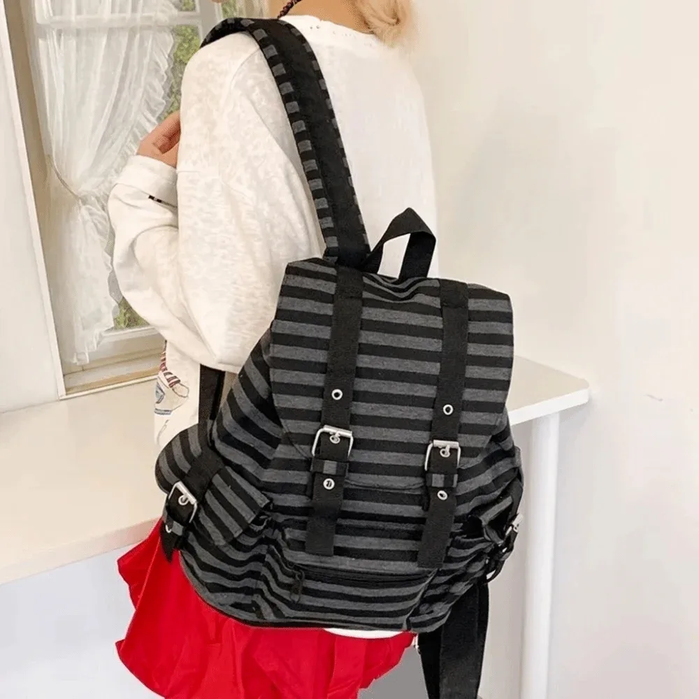 Sac à dos décontracté à grande capacité, rayé, style coréen, multi-poches, sac d'école pour étudiants, nylon, Y2K, sac de randonnée et de camping pour femmes