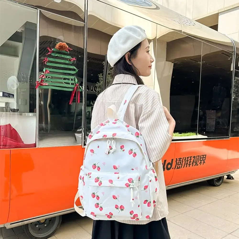 sac à dos fraise en tissu oxford, sac d'école réglable de grande capacité, style preppy avec sac à déjeuner et trousse à crayons, sac à dos de voyage