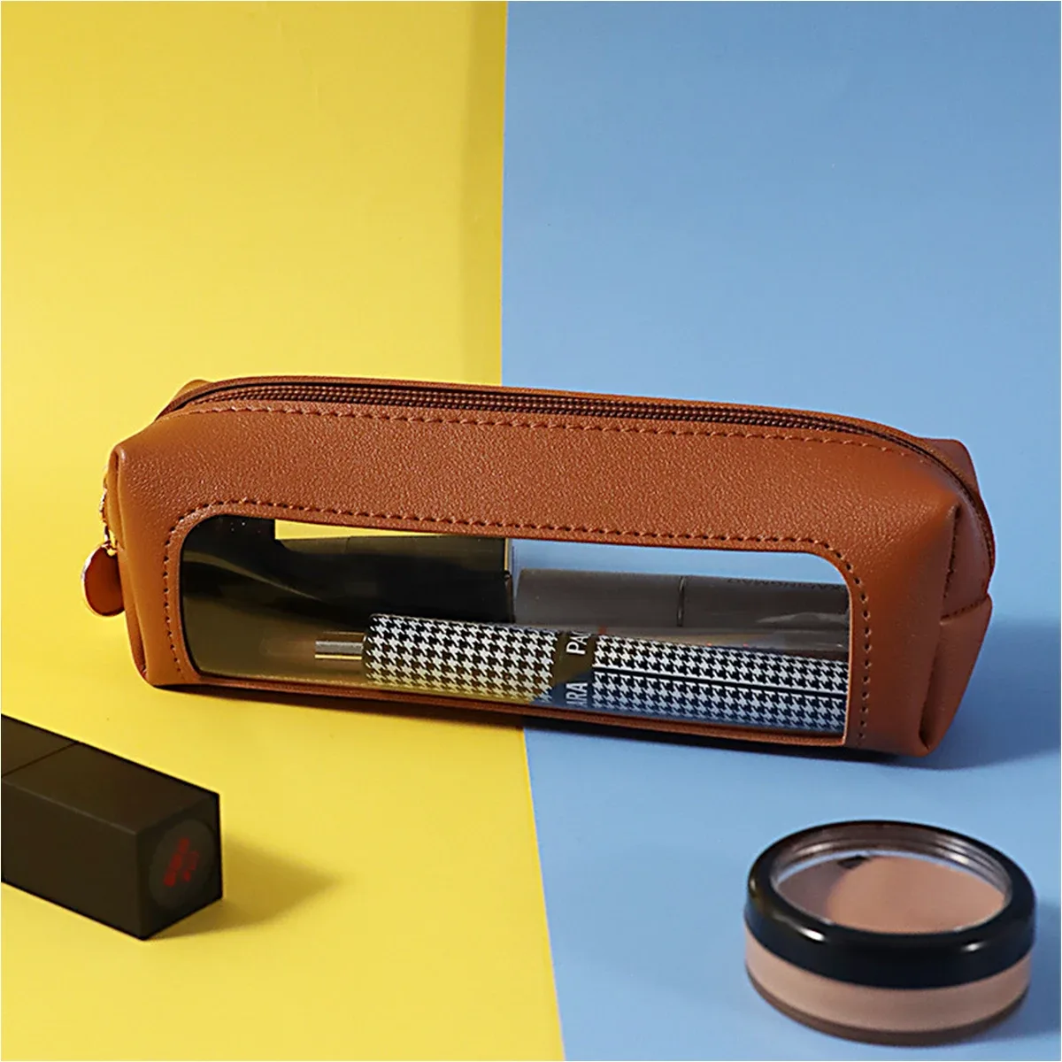 étui à stylos en cuir pu avec lettres personnalisées, sac de rangement en pvc, sac de papeterie portable transparent de grande capacité