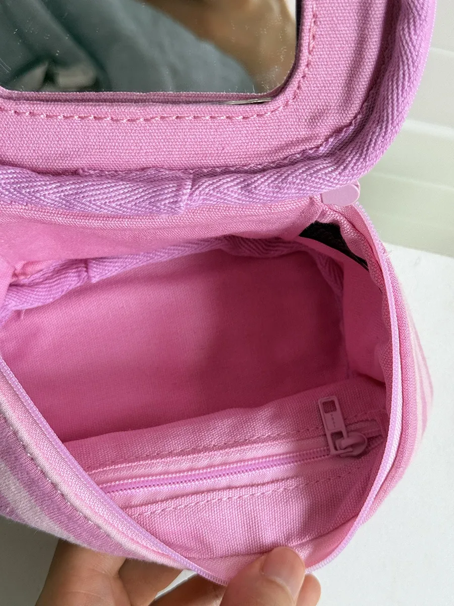 nouvelle trousse de maquillage rose rayée mignonne pour femme y2k, sac à main portable avec miroir et fermeture éclair, pochette de toilette en coton doux, organisateur de voyage cosmétique