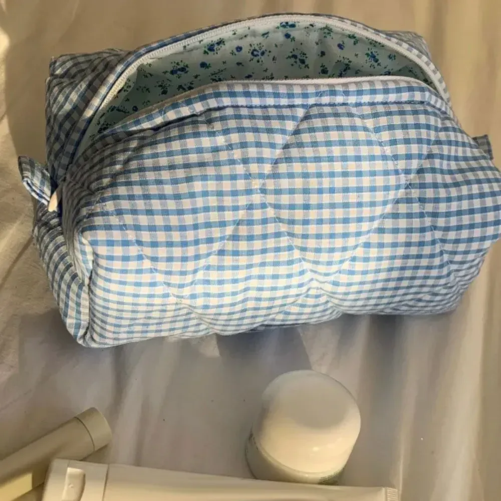 trousse de maquillage en coton matelassé, trousse de toilette portable à carreaux avec fermeture éclair, grande capacité, poudres de soin de la peau, voyage