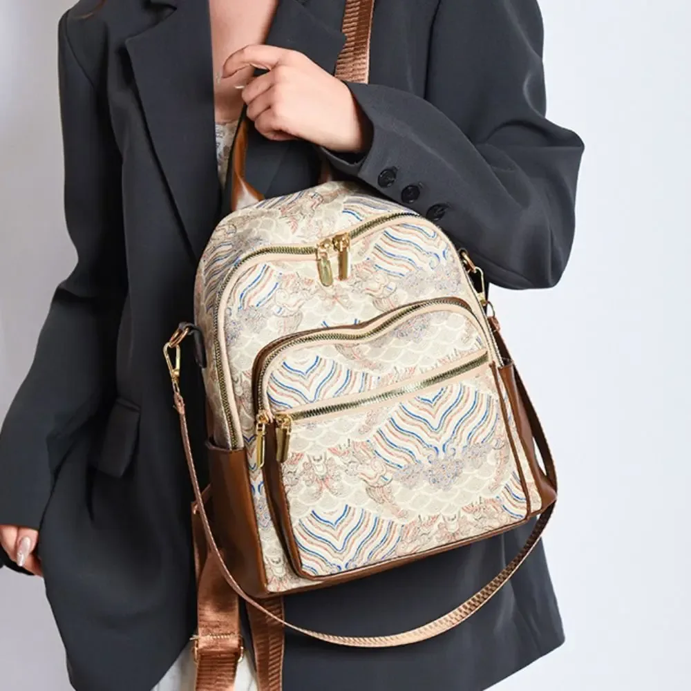 sac à dos décontracté pour femmes de grande capacité, en pu, style ethnique, sac à bandoulière polyvalent, avec poignée supérieure, broderie imprimée, mini sac à dos de voyage.