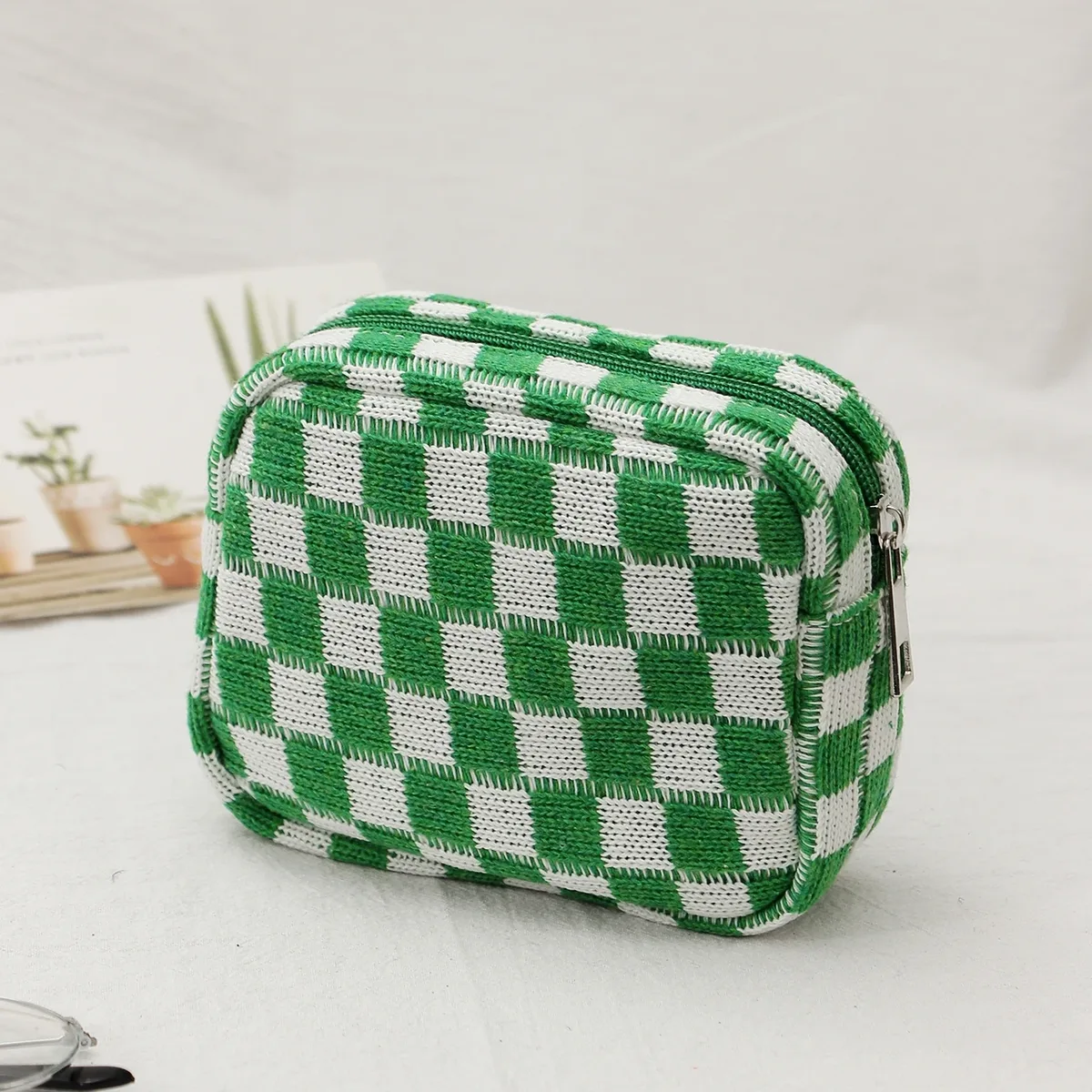sac à cosmétiques en damier, sac de rangement de toilette tricoté, pochette de maquillage colorée, organisateur, sac à cosmétiques à motif à carreaux