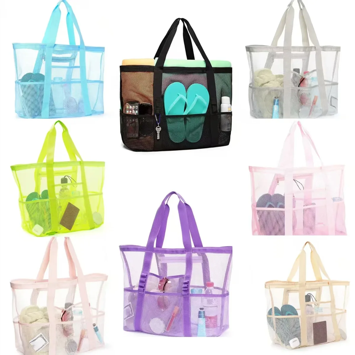 sac fourre-tout en maille respirante multi-poches de grande capacité, à séchage rapide, sac de rangement multi-compartiments pour articles de sport et de natation