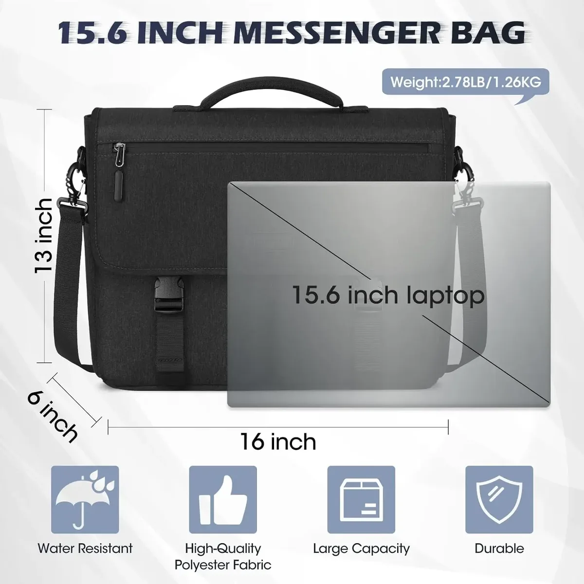 sacs à main pour ordinateur portable pour hommes, sac pour ordinateur portable de 15,6 pouces, sac pour ordinateur résistant à l'eau, sacs à bandoulière légers