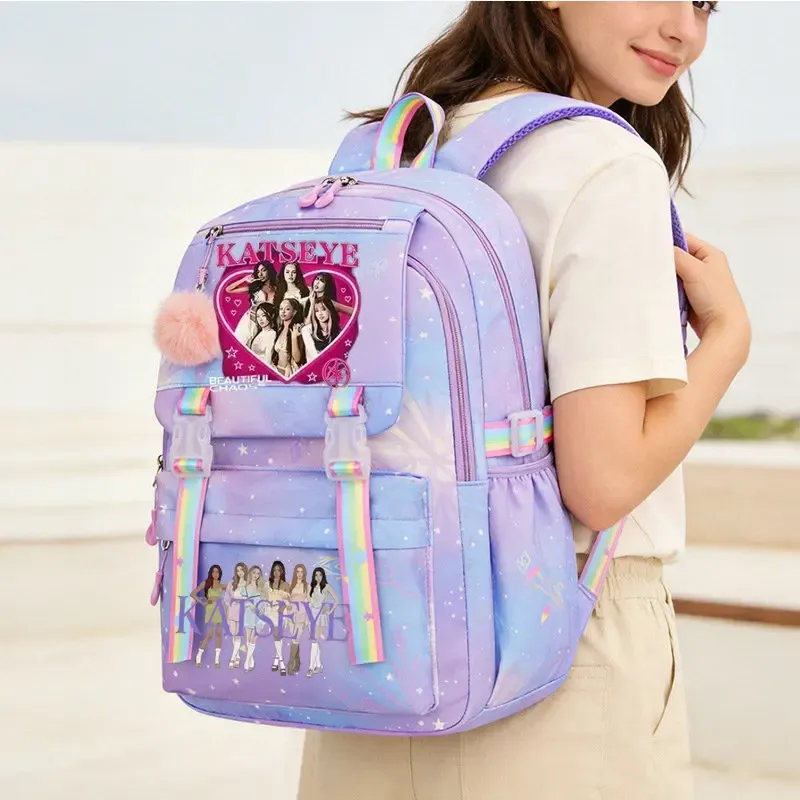 Sac d'école Katseye Print, sac d'école pour élèves du primaire, sac à dos de voyage en plein air, sac à dos tendance pour filles, sac à dos pour enfants.