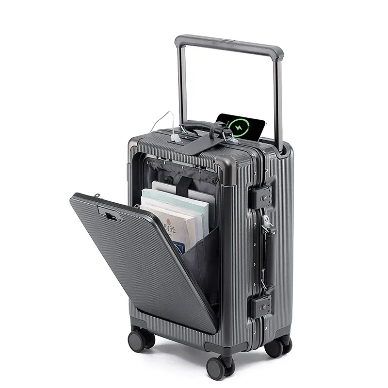 valise de voyage à cadre en aluminium, large, avec porte-gobelet, bagage à main 20 pouces, valise à roulettes 