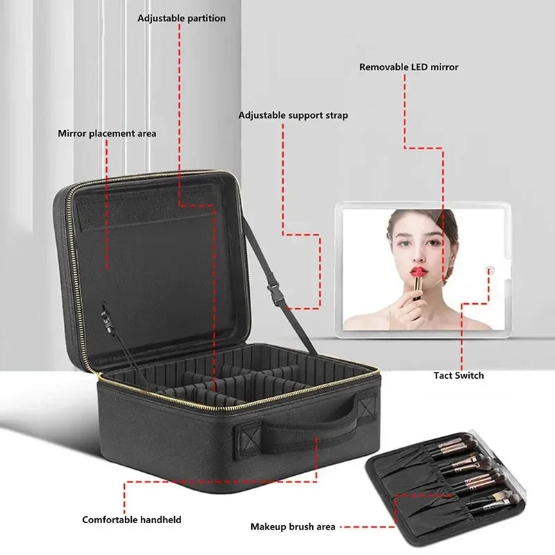 sac de maquillage led portable avec miroir, grande taille, trousse de toilette de voyage, organiseur de beauté multifonctionnel pour femmes