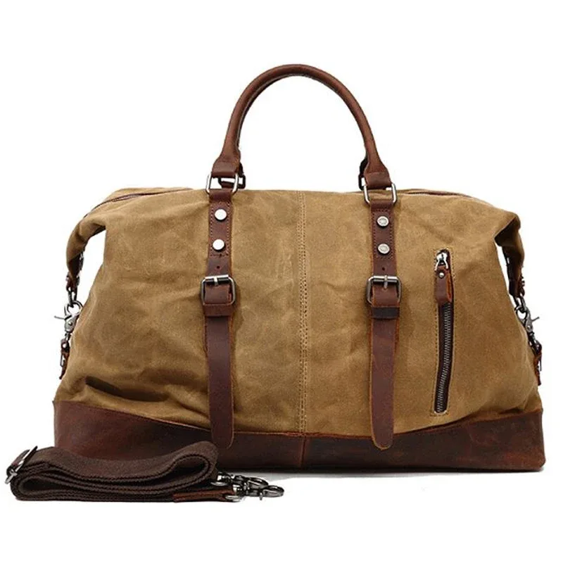 Sac de voyage pour homme en toile cirée imperméable et cuir, sac à main, sac de cabine, grand sac fourre-tout vintage, sac de week-end, grand sac de nuit.