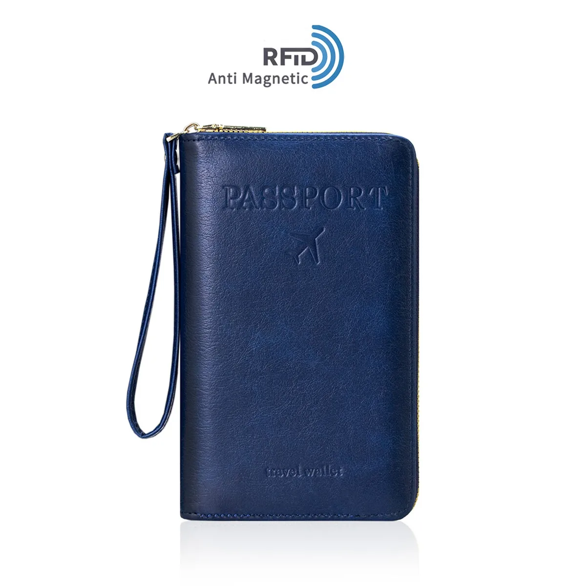 portefeuille de voyage pour femme, étui de passeport en pu anti-rfid pour homme avec dragonne, plusieurs emplacements pour cartes et fenêtre d'identification
