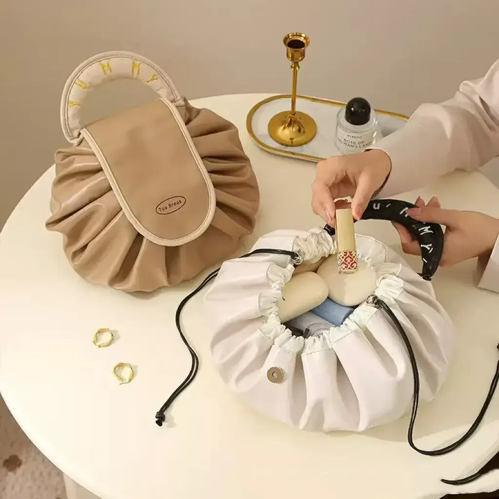 Sac de maquillage à cordon de serrage, organisateur de cosmétiques de voyage en PU imperméable, trousse de toilette portable, pochette de rangement de grande capacité pour femmes