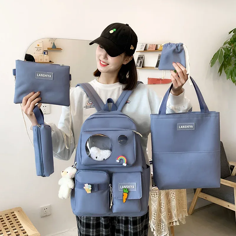 Ensemble de cinq pièces sac à dos sacs à main sacs à bandoulière avec cordon pour étudiants de 3 à 5 ans sacs à dos d'école de grande capacité
