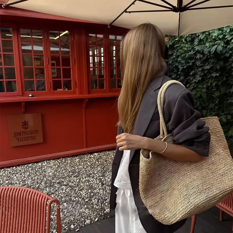 nouveau grand sac fourre-tout de voyage en raphia 100% naturel, sac à bandoulière en herbe tressée, sac à main de luxe, sac de plage designer, sac cabas