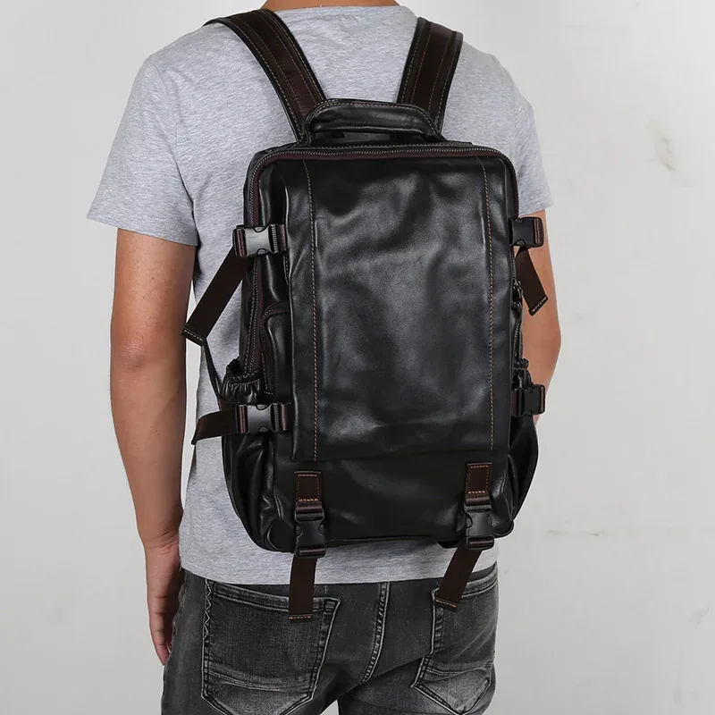 sac à dos vintage en cuir de vachette pour homme, grande capacité, avec fermeture éclair et boucle, sacoche décontractée en cuir pour ordinateur portable 15 pouces