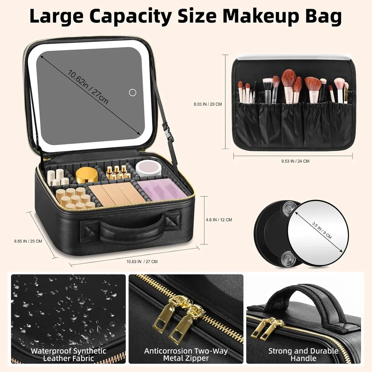 trousse de maquillage de voyage avec miroir d'une mallette de train portable éclairée par led avec séparateurs réglables et miroir grossissant détachable 10x