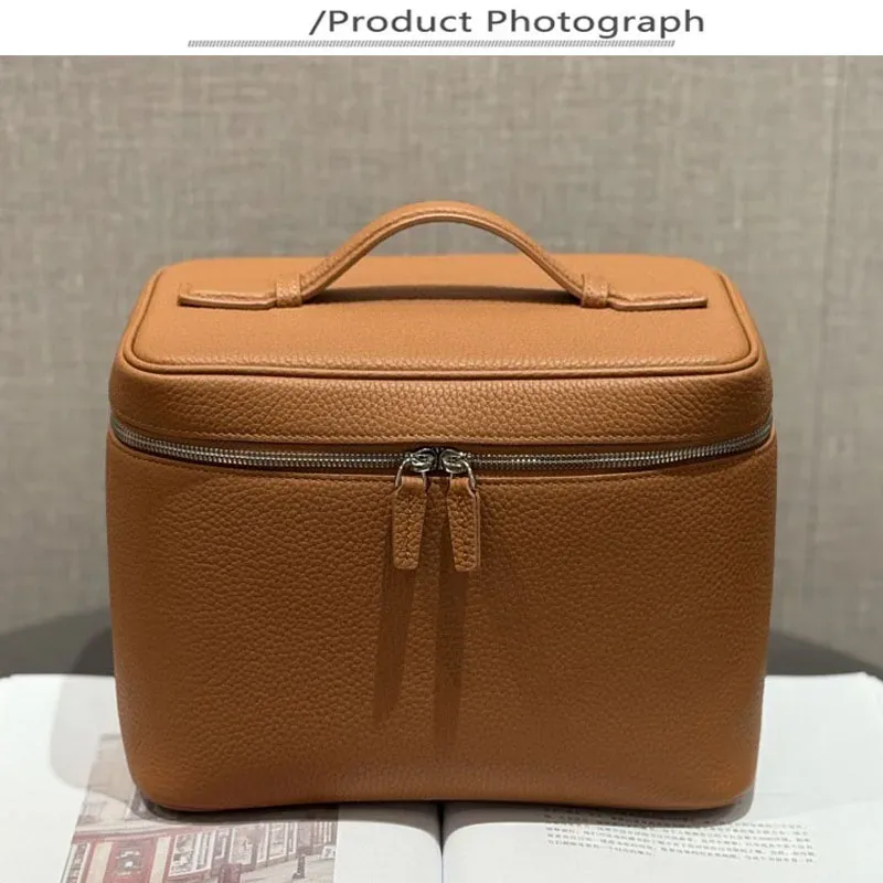 trousse de maquillage de grande taille en cuir de vache de première qualité, trousse de toilette portable et pratique, sac de voyage en cuir véritable de grande capacité.