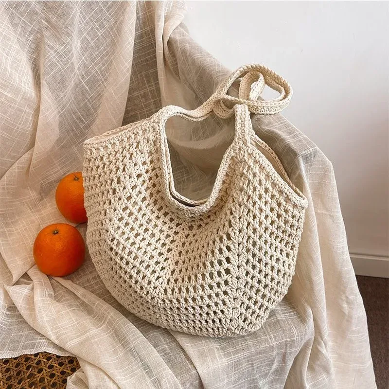 sac fourre-tout tissé respirant, sac à bandoulière de plage, sac de voyage décontracté ajouré pour les sorties d'une journée, la piscine et la plage