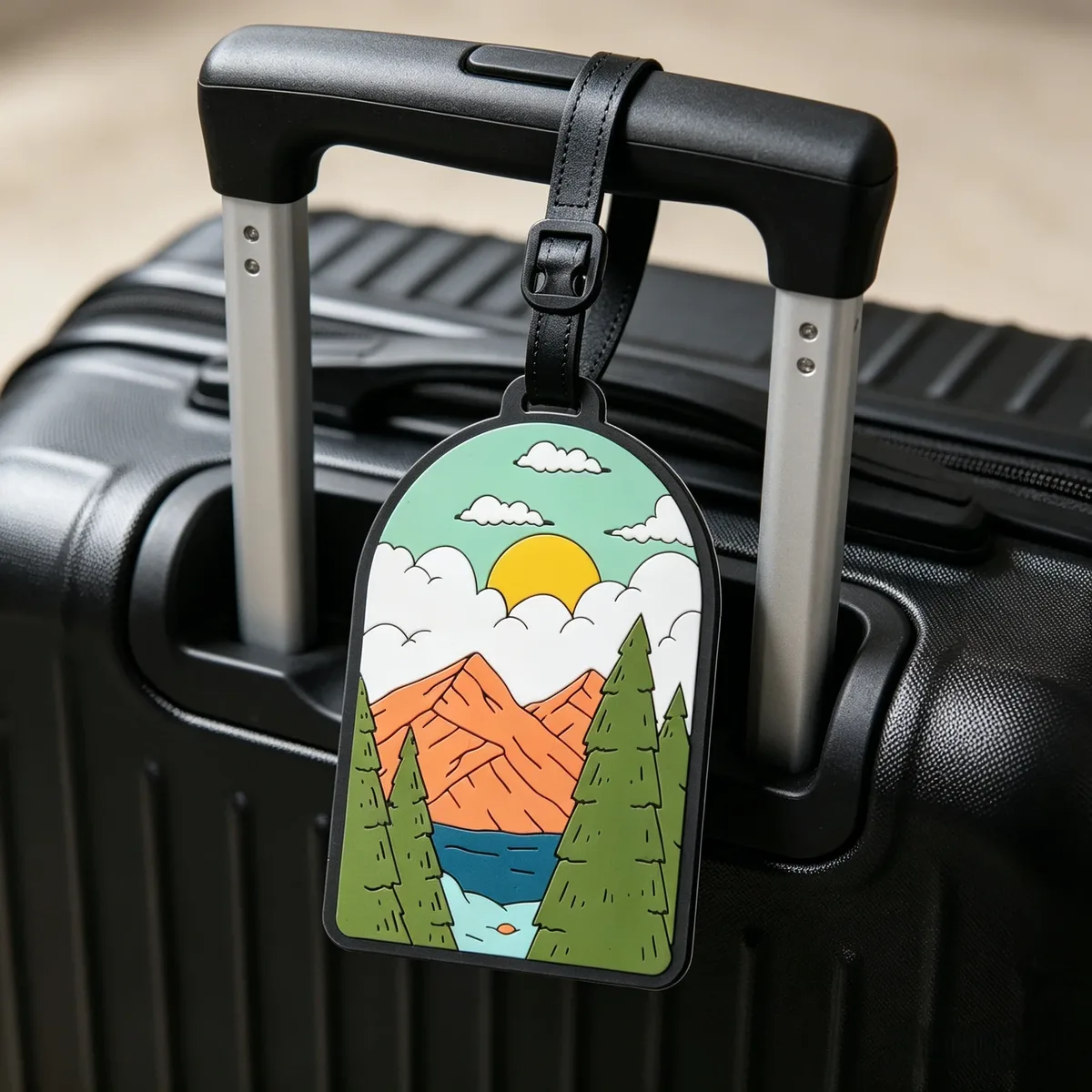 étiquette de bagage pour valises, étiquettes d'identification de bagages avec paysage de montagne et de coucher de soleil pour le voyage, protection de la vie privée pour sacs de voyage
