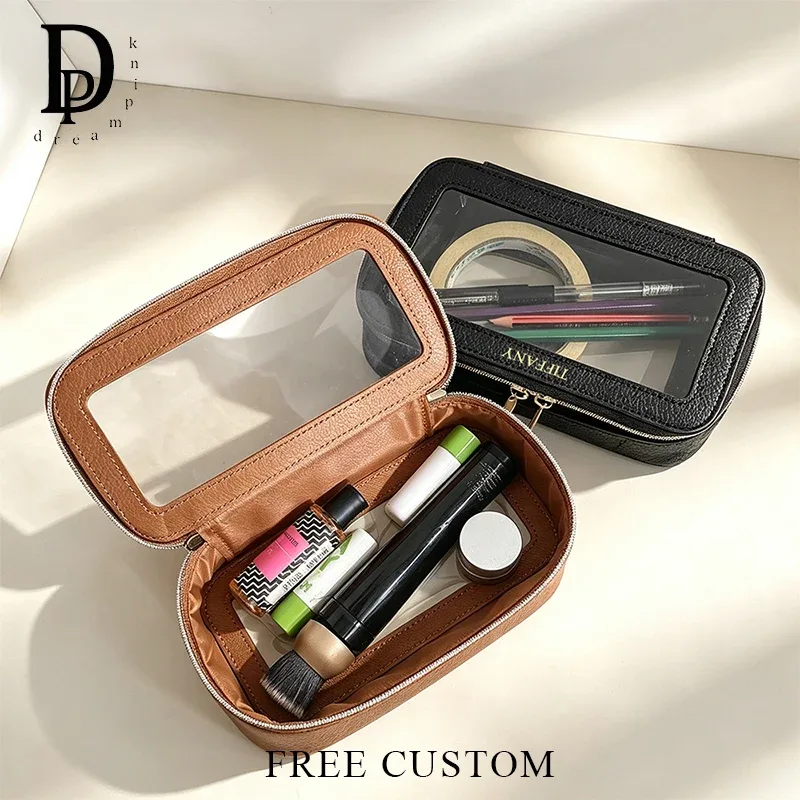 Sac de toilette en cuir PU personnalisé avec lettres, transparent, pour femme, avec fermeture éclair, imperméable, grande capacité, sac de rangement de luxe