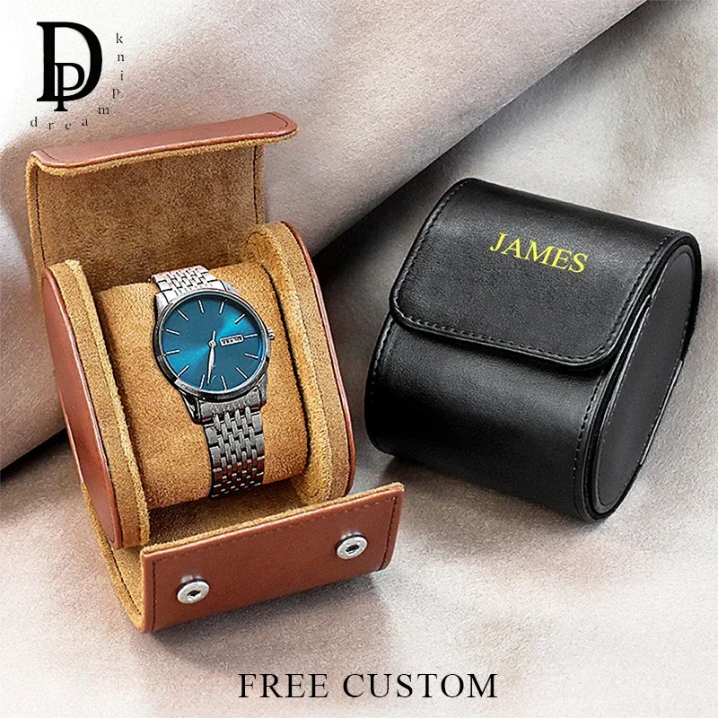 Boîte de montre Portable de voyage avec nom personnalisé, sac de rangement de montre Vintage de luxe en cuir PU, emballage de montre gravé, boîte de rangement cadeau