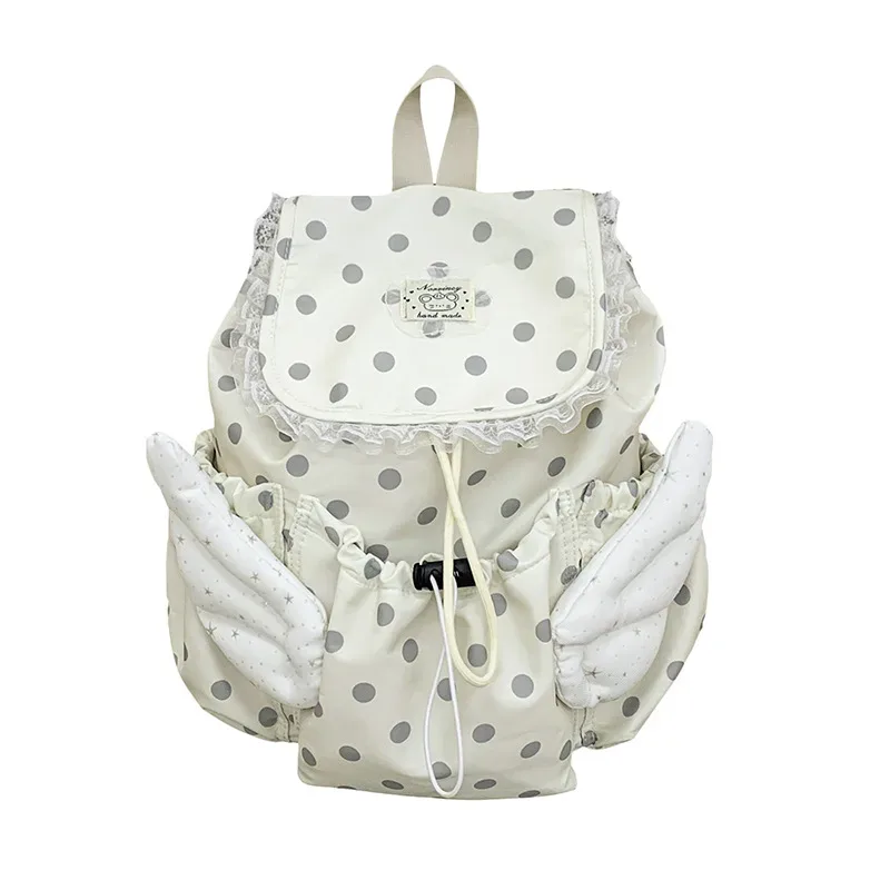 sac à dos à pois tendance grande capacité avec cordon de serrage, sac d'école pour étudiants, design ailes d'ange, sac à dos décontracté pour femme, idéal pour les voyages et le quotidien
