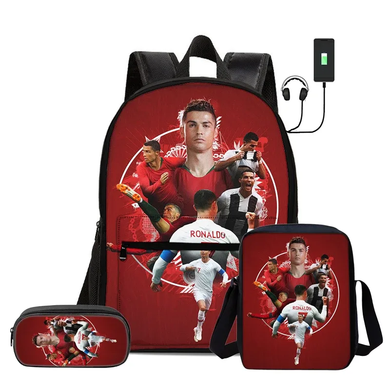 ensemble de 3 sacs à dos avec sac à bandoulière, trousse scolaire pour enfant, sac à dos ronaldo avec interface usb, sac à dos pour enfants