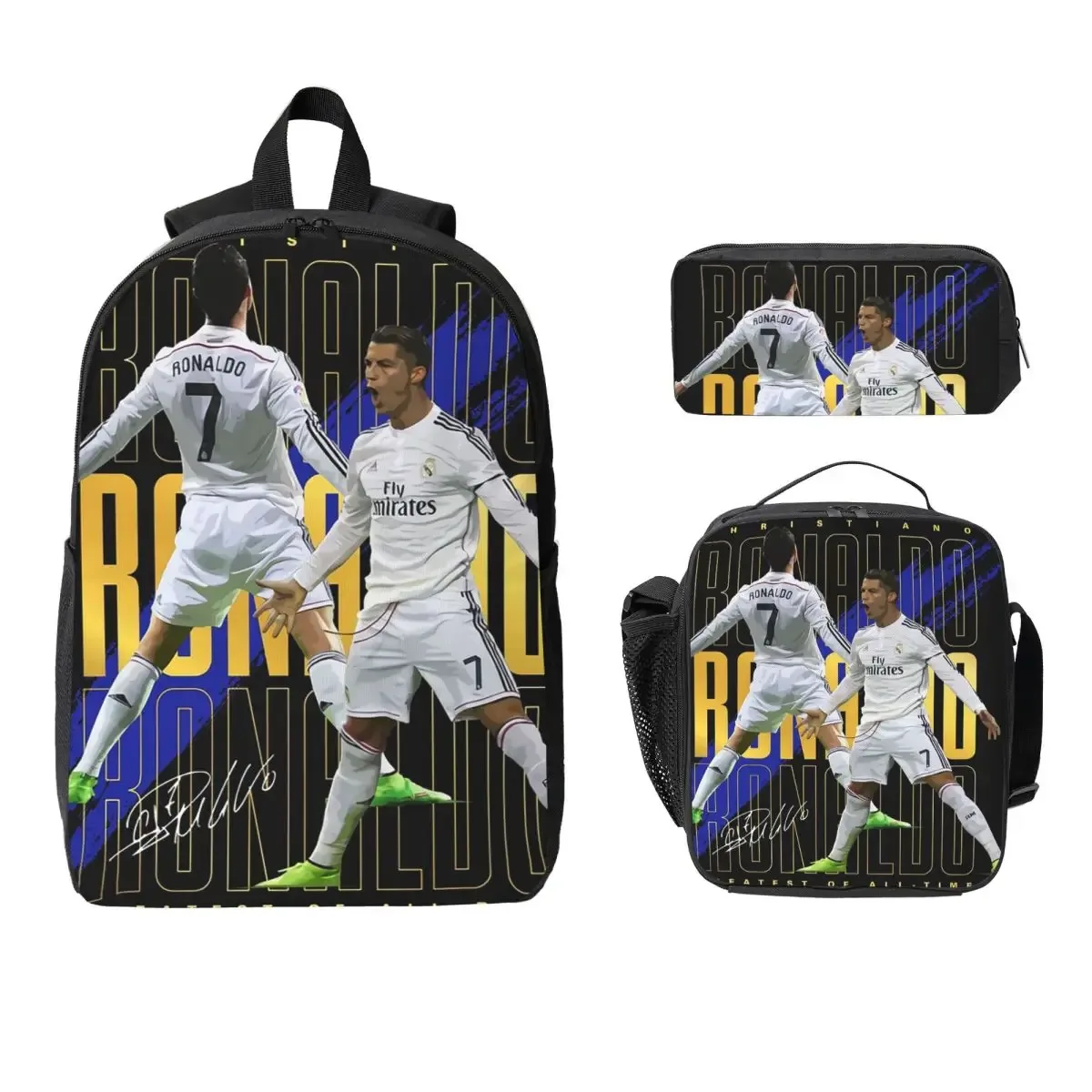 cristiano ronaldo suuiii! sac à dos étudiant garçons fille bookbag sac d'école ordinateur portable sacs à bandoulière 3ps sac à déjeuner isolé trousse à crayons