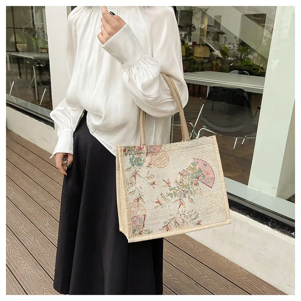 sac fourre-tout en lin élégant pour les trajets quotidiens, sac à main de grande capacité, sac fourre-tout chinois léger pour les rendez-vous, l'école et les trajets quotidiens