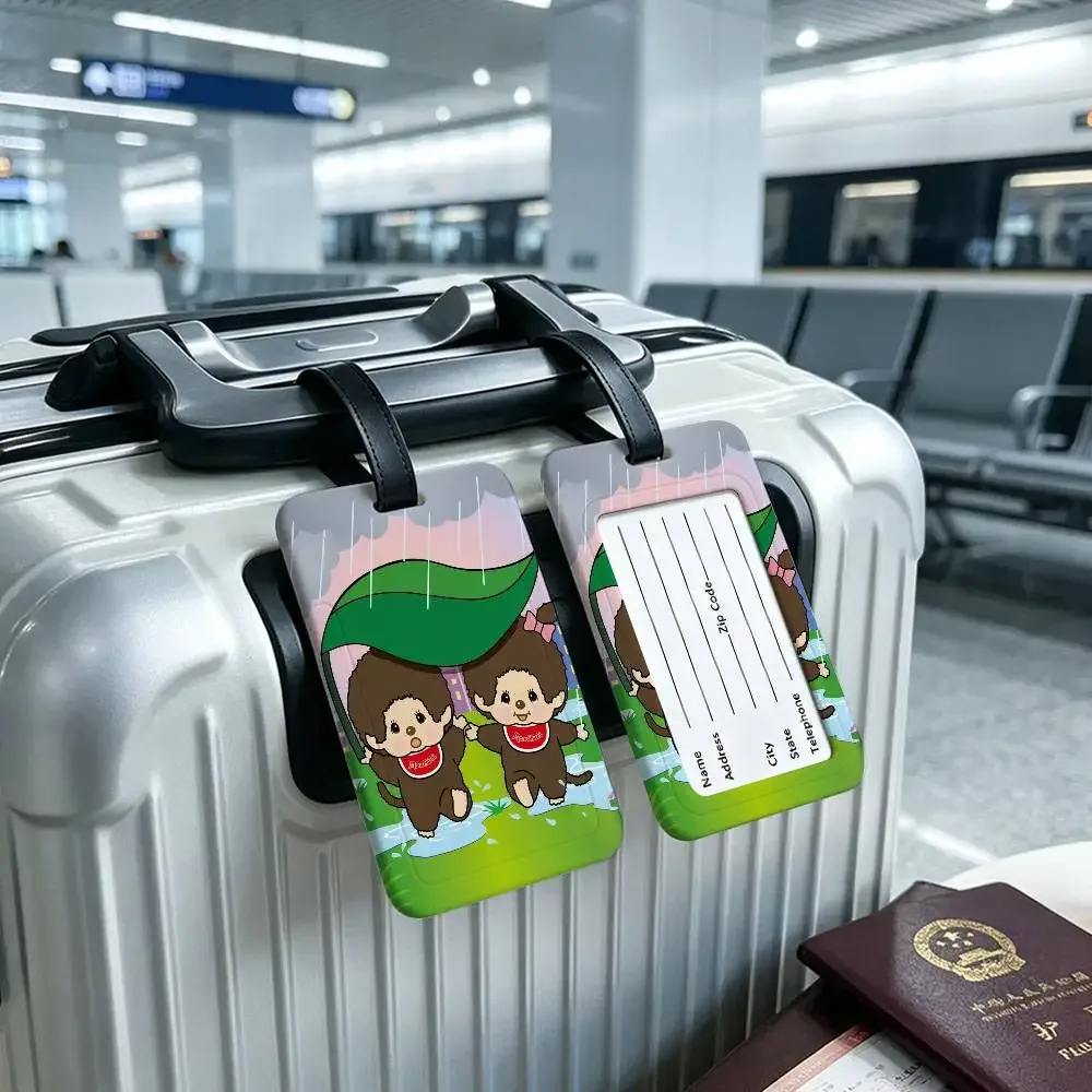 étiquette de bagage en pvc imperméable monchhichis avec carte d'information, étiquette d'identification anti-perte pour bagages et sacs d'école