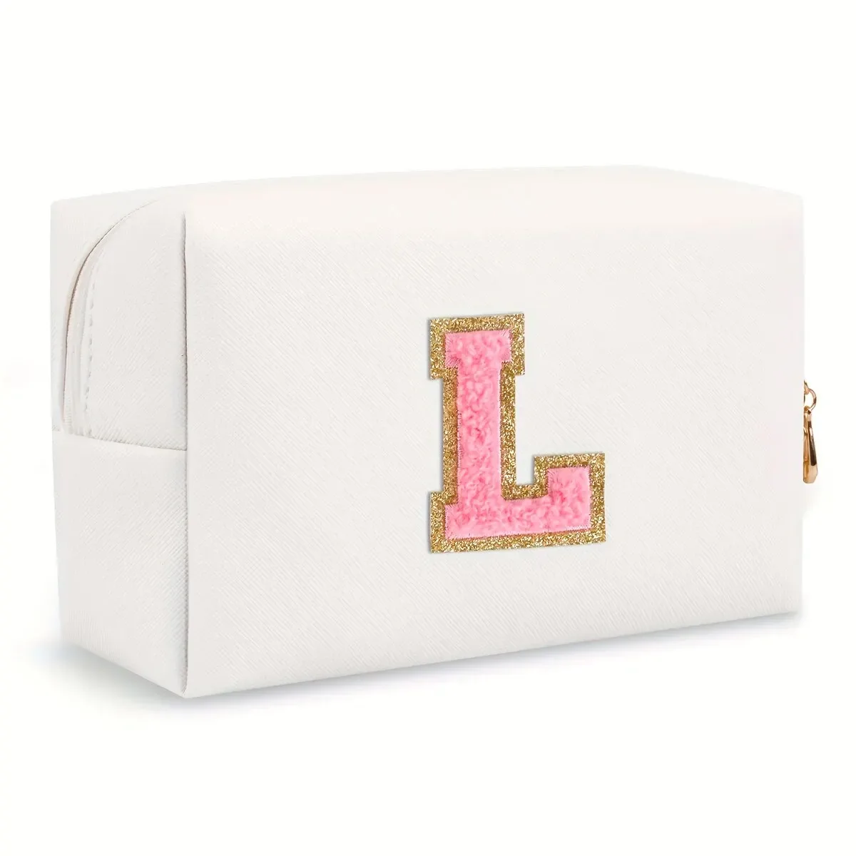 trousse de maquillage preppy pour femmes, trousse de toilette de voyage, sac à cosmétiques avec lettres en chenille, pochette étanche en cuir pu, joli organisateur à fermeture éclair-ll