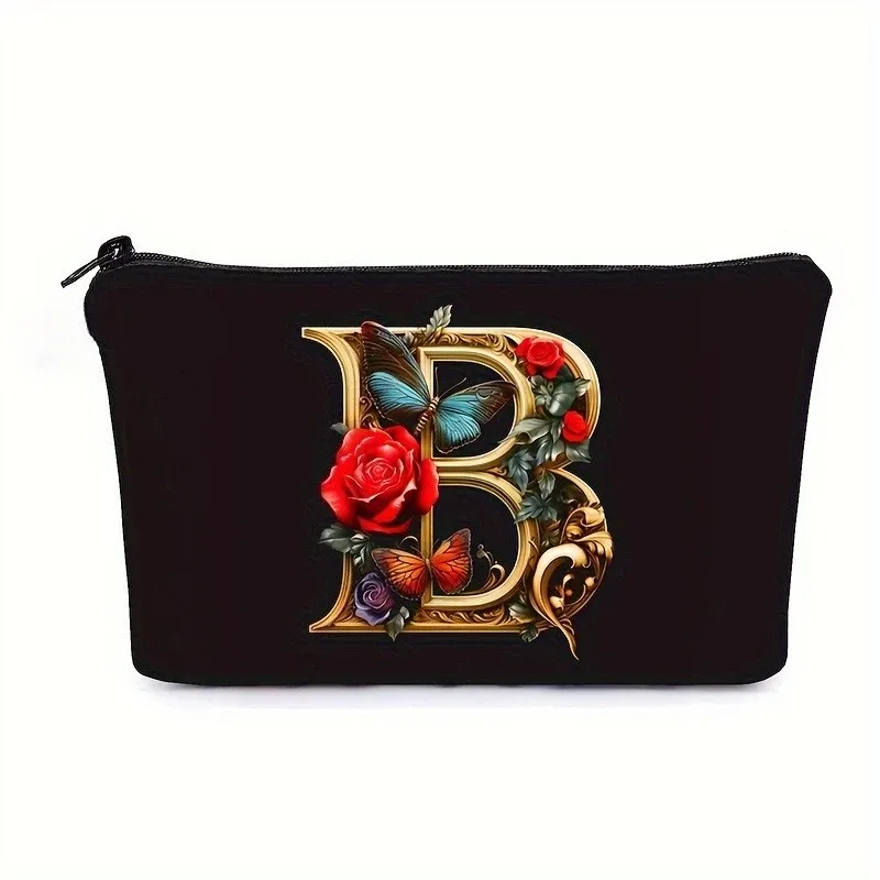 trousse de maquillage noire avec imprimés de 26 lettres de l'alphabet anglais, pochette à cosmétiques, sacs de rangement multifonctionnels