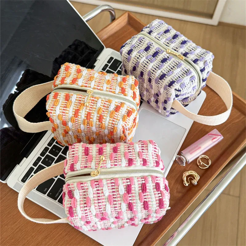 sac à main tissé rayé pour fille, petit sac cosmétique portable, sac de rangement de voyage, sac intérieur col