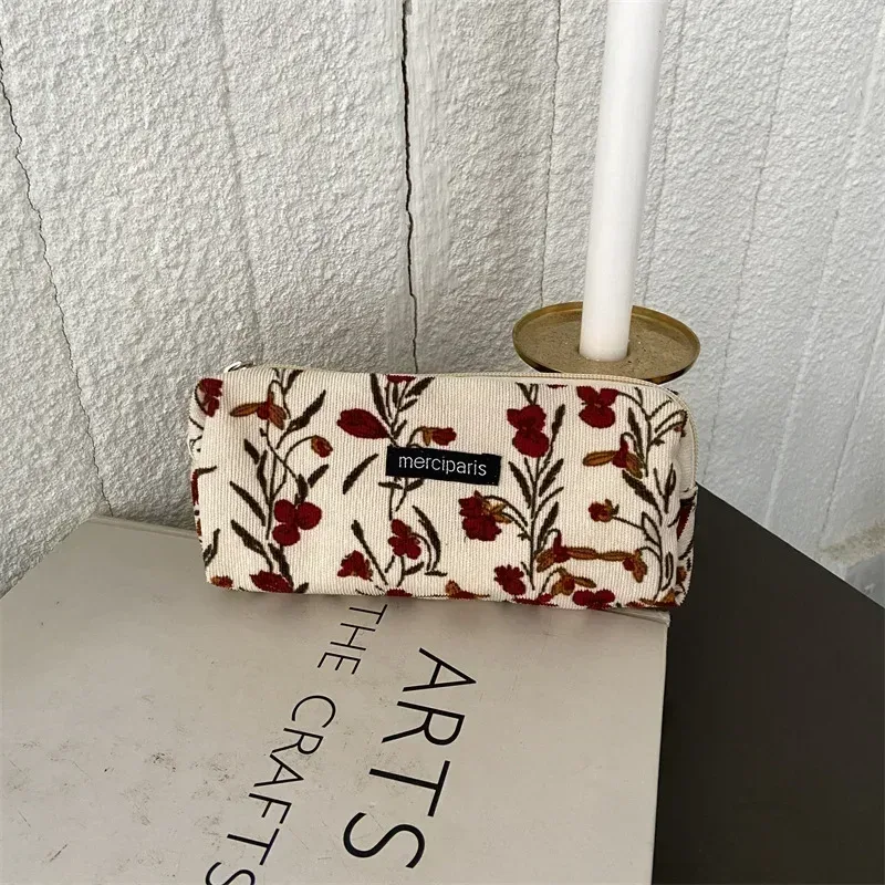 trousse de maquillage portable en velours côtelé pour femme, sac de rangement pour téléphone portable, trousse de maquillage pour fille, poudres, fleur vintage, voyage